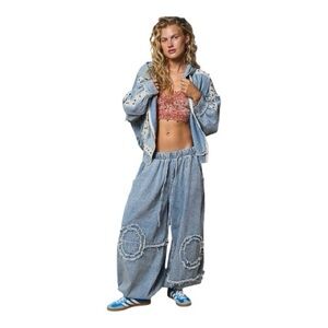 Pol Boho Wide Leg Denim Pants | Patchwork & Lace Detail | Elastic Waist